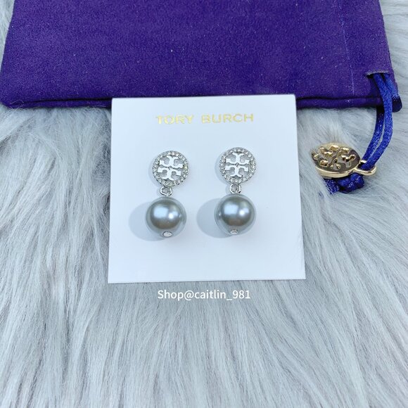 Tory Burch Miller Pavé Pearl Drop Earrings in Silver (Brand New) - Picture 2 of 5